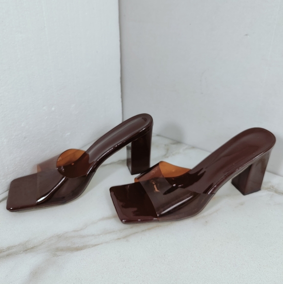 Unbranded Brown Transparent Square Toe Block Heel Sandals Slides, Sz 9.5 - Picture 3 of 14